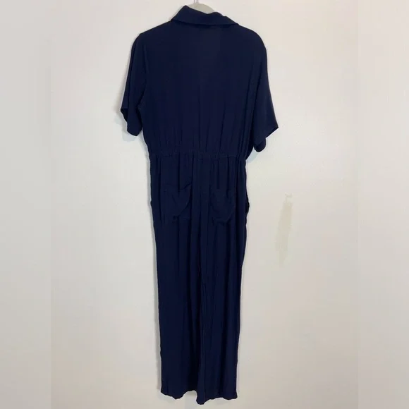 Thakoon Collective Navy blue Short Sleeve Jumpsuit SZ 2 viscose rayon drawstring - Picture 8 of 11